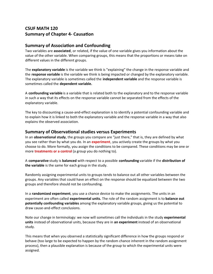 MATH 120 Chapter 4 - Causation