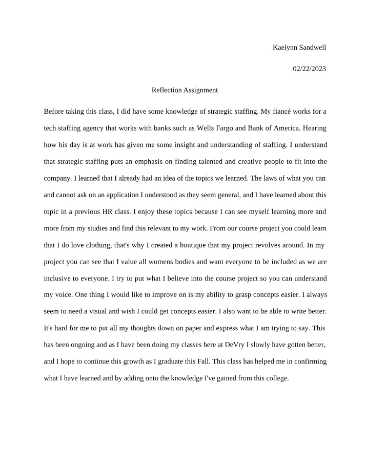 Strategic Staffing - Reflection Assignment