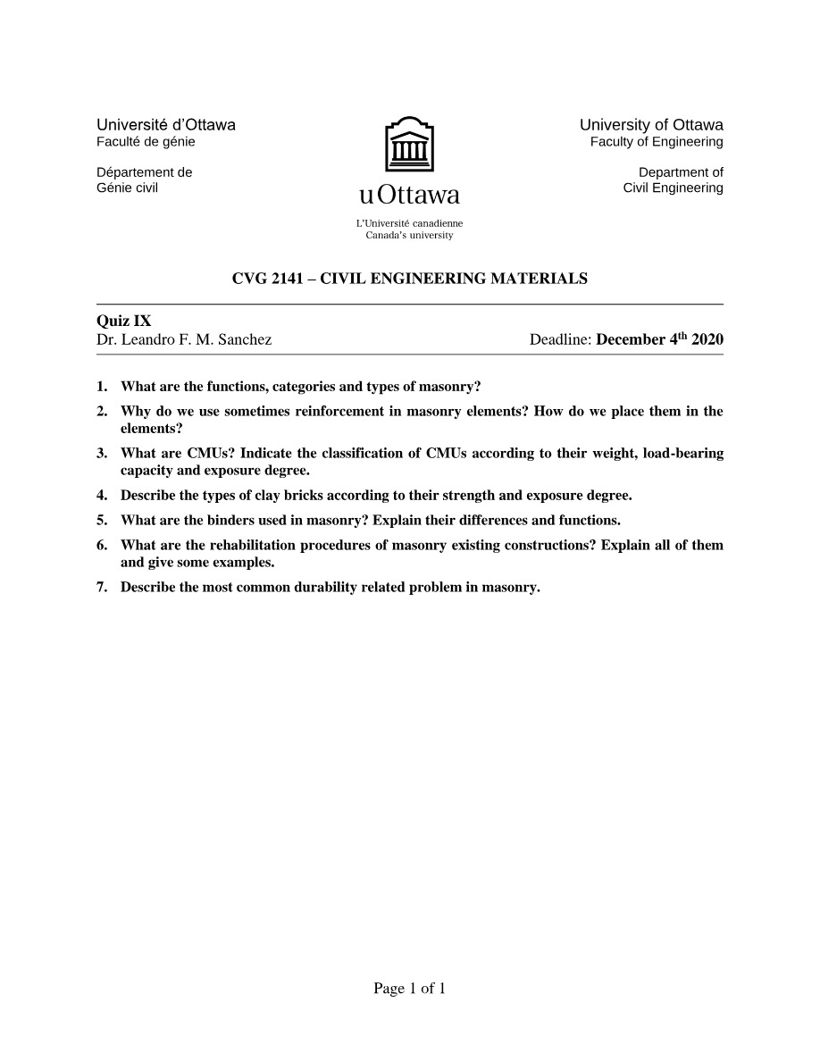 CVG 2141 Civil Engineering Materials Quiz 9 - Full Title