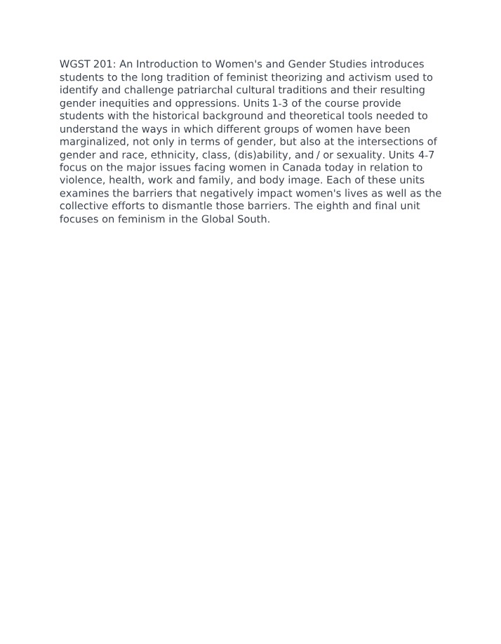 WGST 201 Course Summary