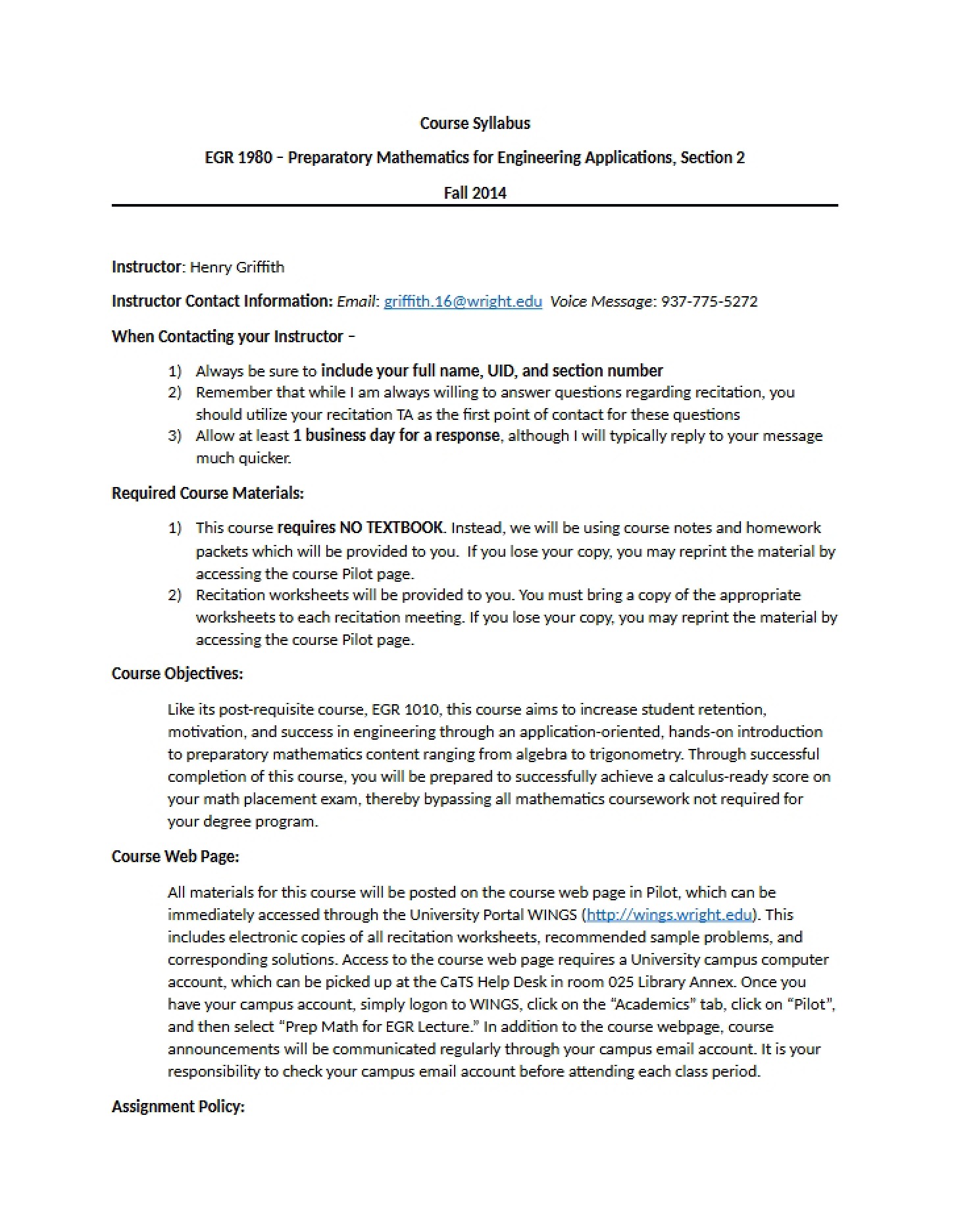 Syllabus EGR1980 Section 2 (Fall '14)