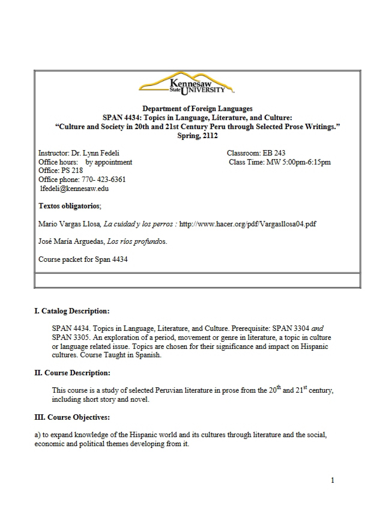 Course Information for Language, Lit. & Culture