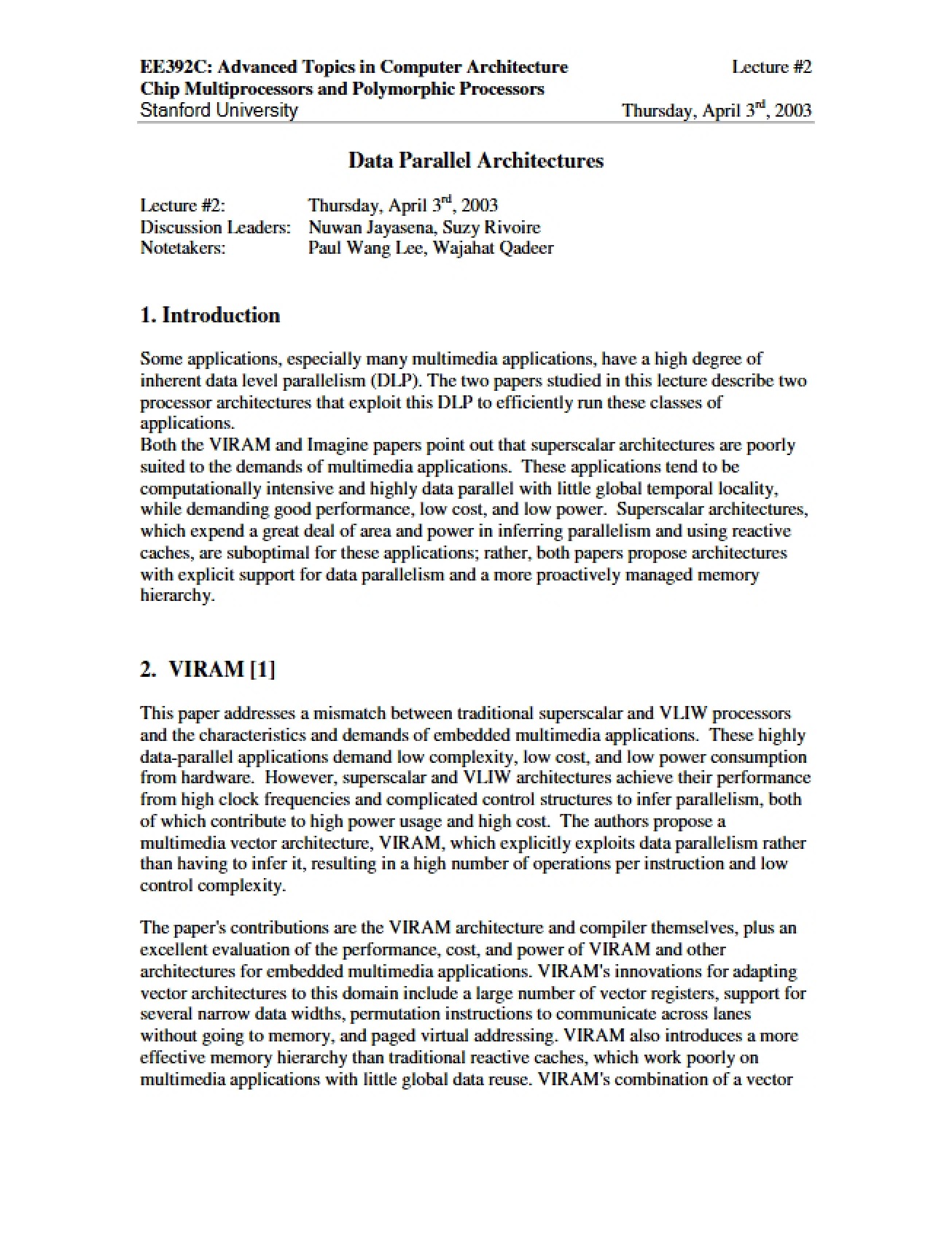Second Lesson in an Advanced Topics in Computer Architecture Course