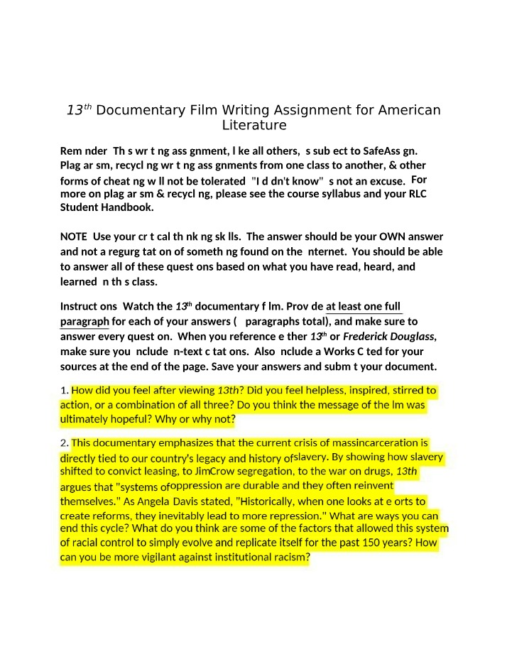 13th Documentary - Writing Assignment for American Literature