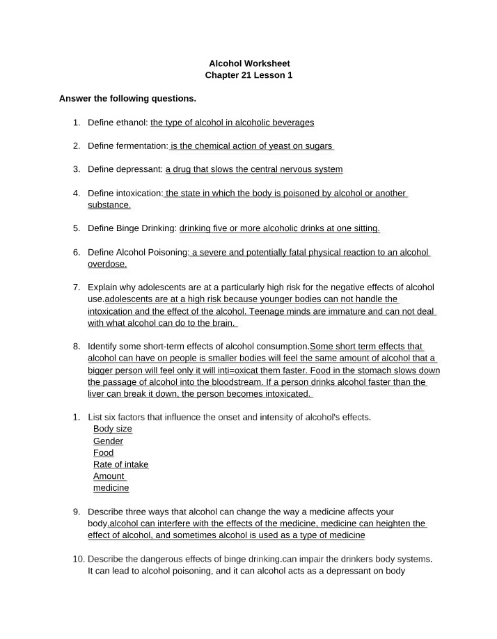 Worksheet on Alcohol