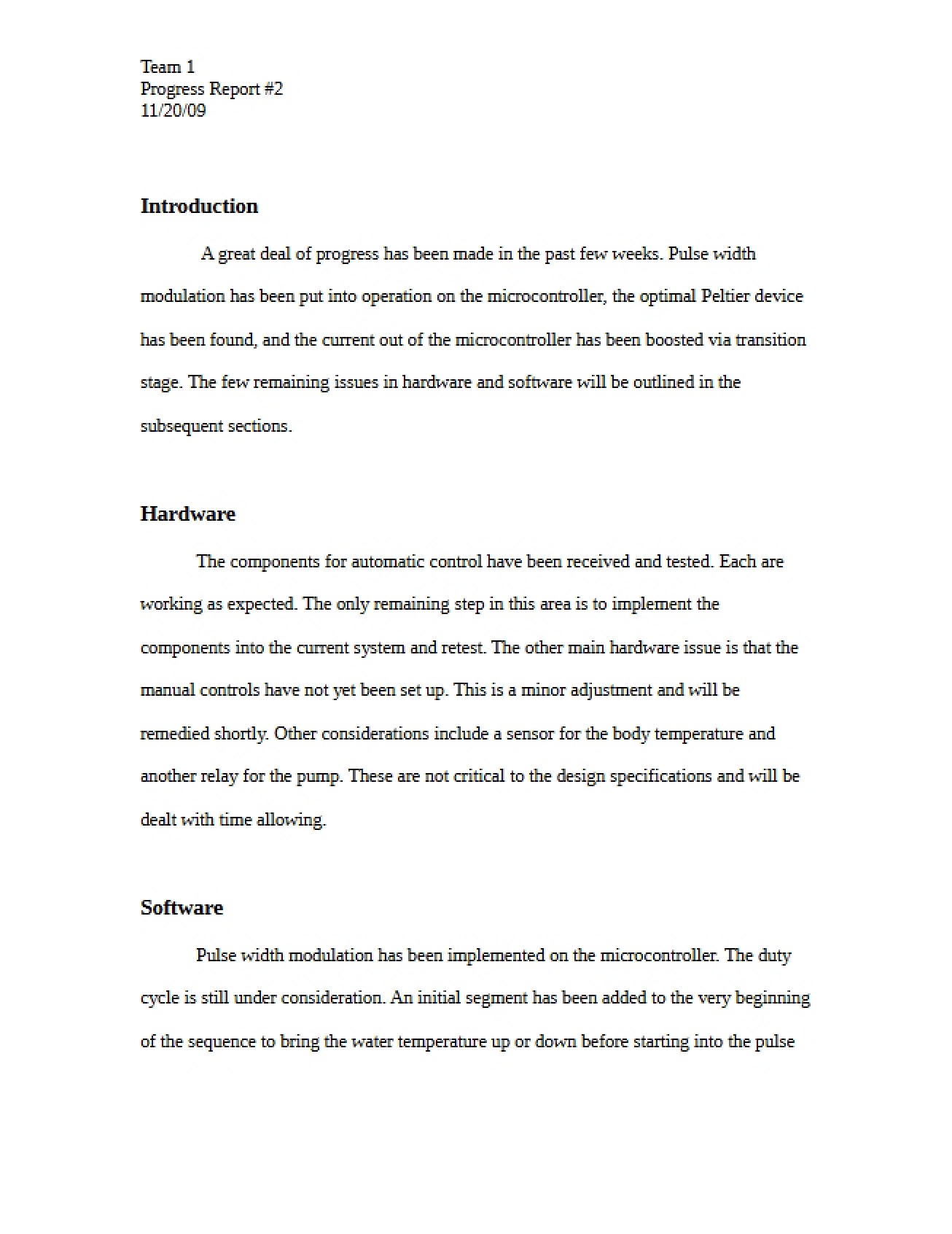Report on Progress Two