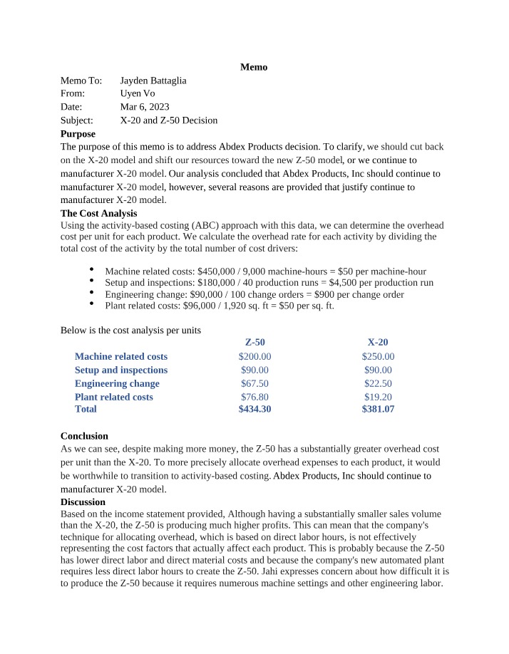 Decision Memo for X-20 and Z-50