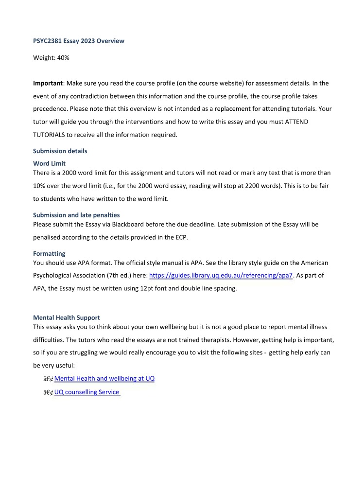 2023 Essay Overview for PSYC2381