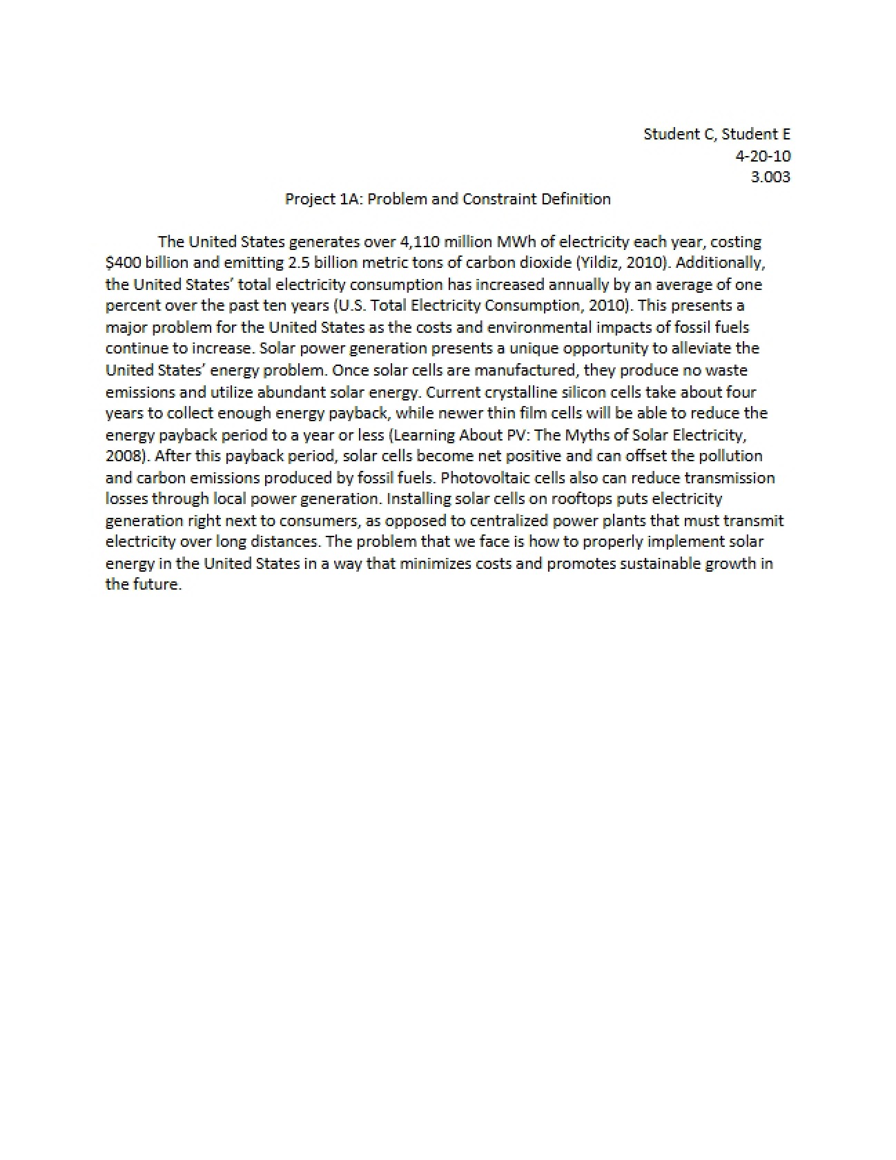 Problem and Constraint Definition: Project 1A