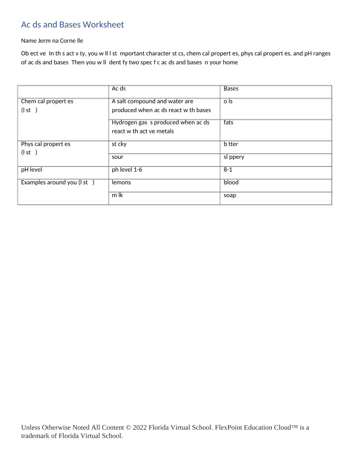 Worksheet - Acids and Bases