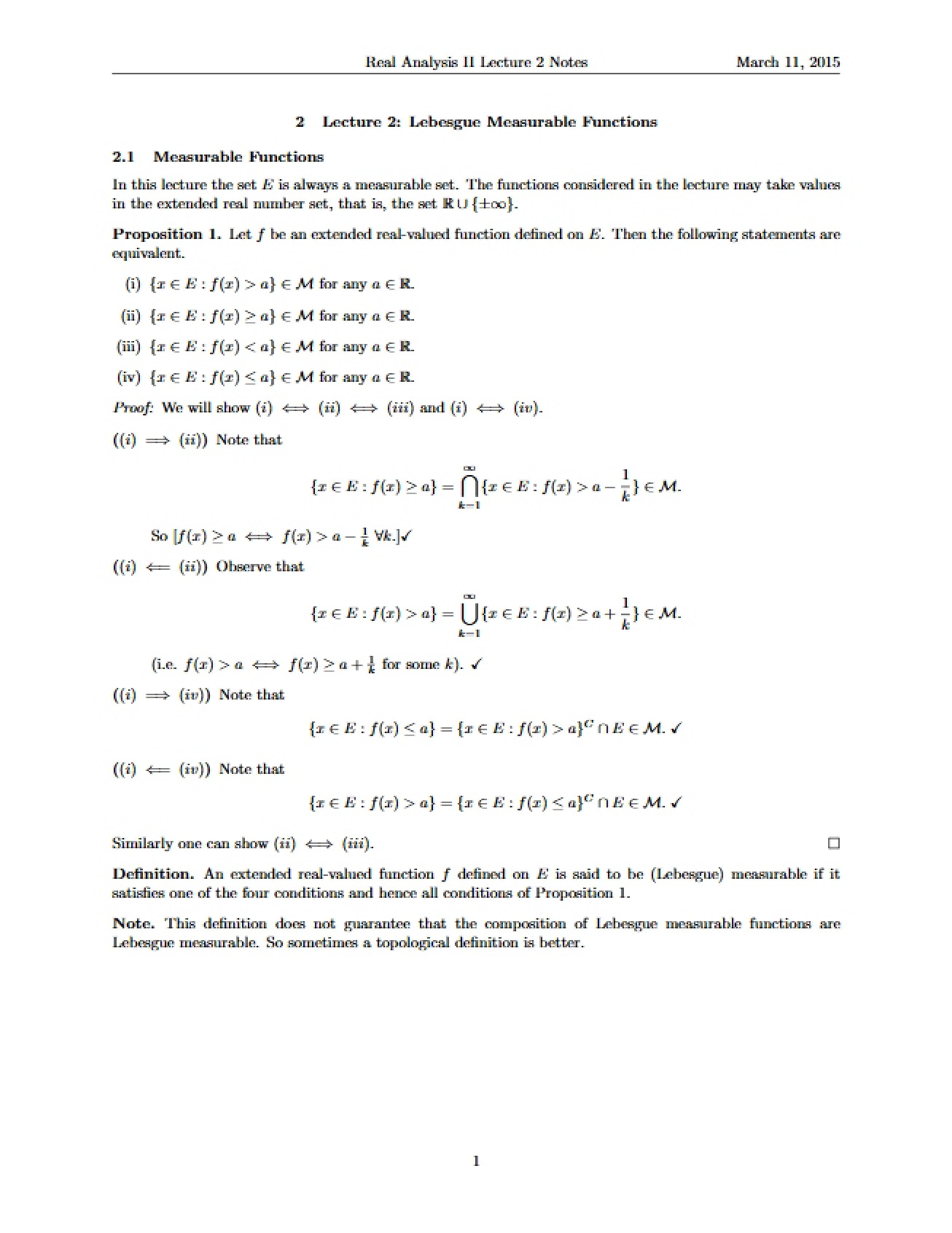 Lebesgue Measurable Functions Lecture 2
