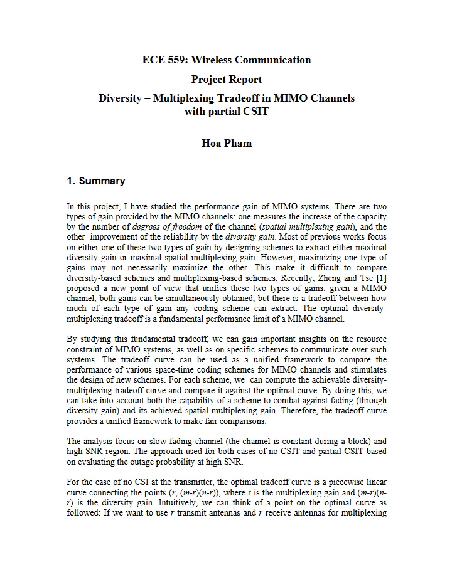 Partial CSIT MIMO Diversity Multiplexing Tradeoff