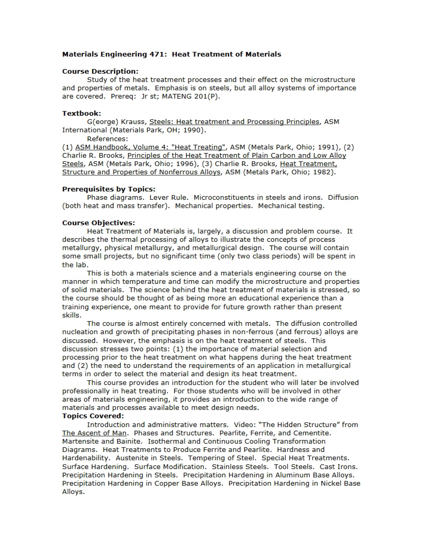 Syllabus for Heat Treatment of Materials