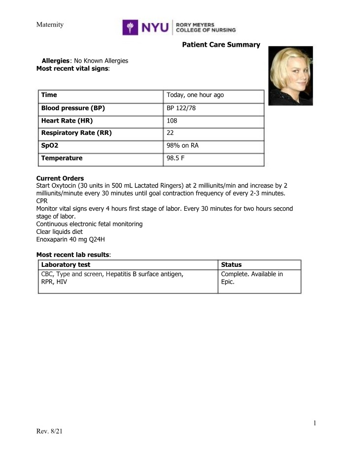 Maternity Patient Care - Summary of Vital Signs, Orders, and Labs