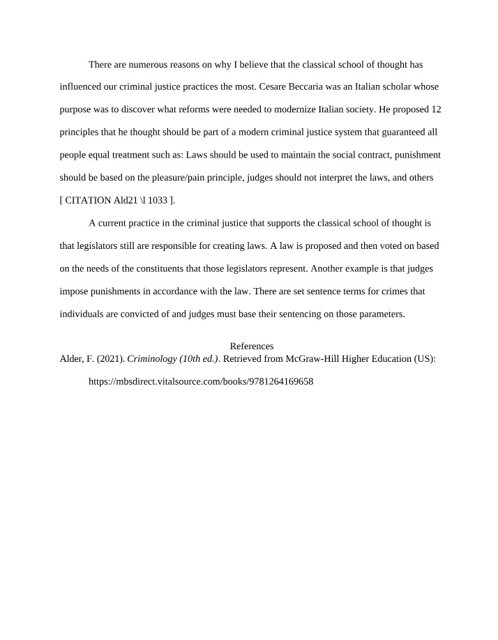 Influence of the Classical School of Thought on Criminal Justice