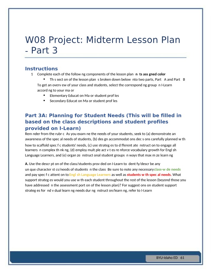 W08 Project - Part 3 Midterm Lesson Plan