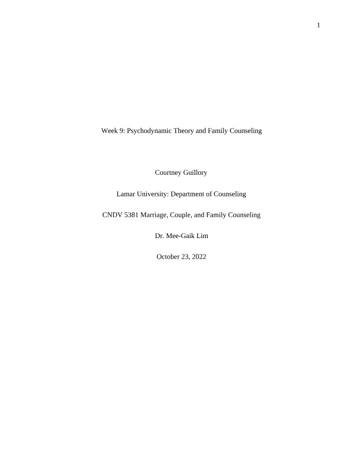 Psychodynamic Theory and Family Counseling - Week 9