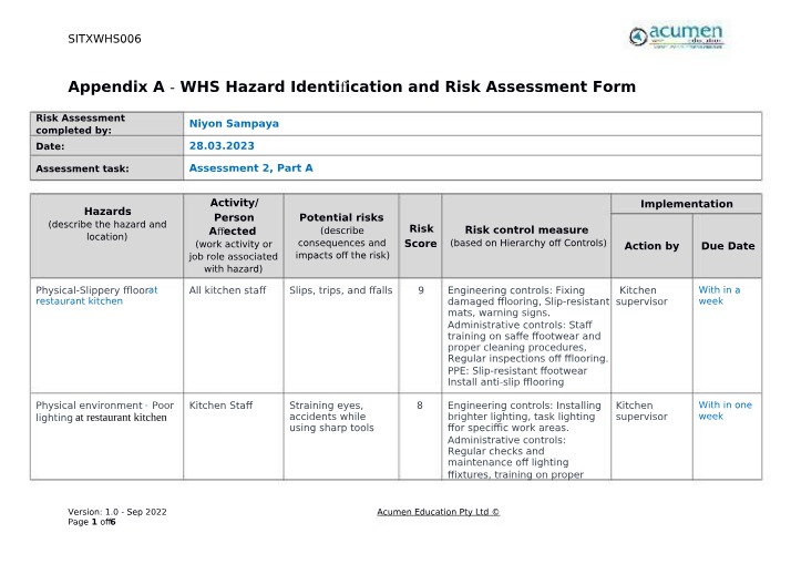 Hazard Identification and Risk Assessment Form - WHS