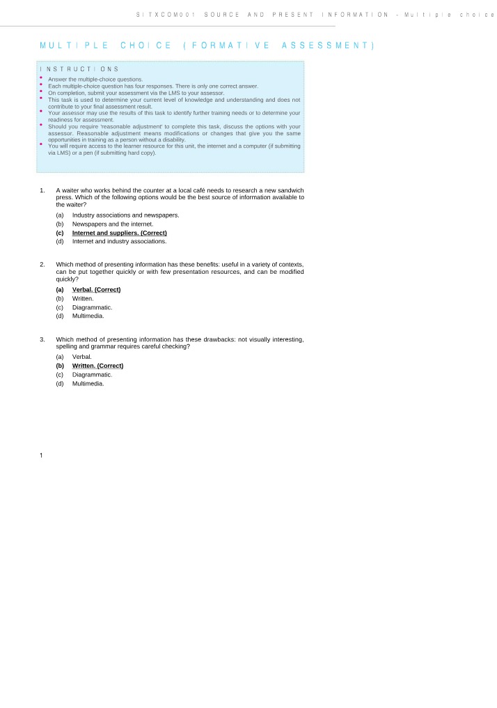 SITXCOM001 Multiple Choice Assessment A Answers