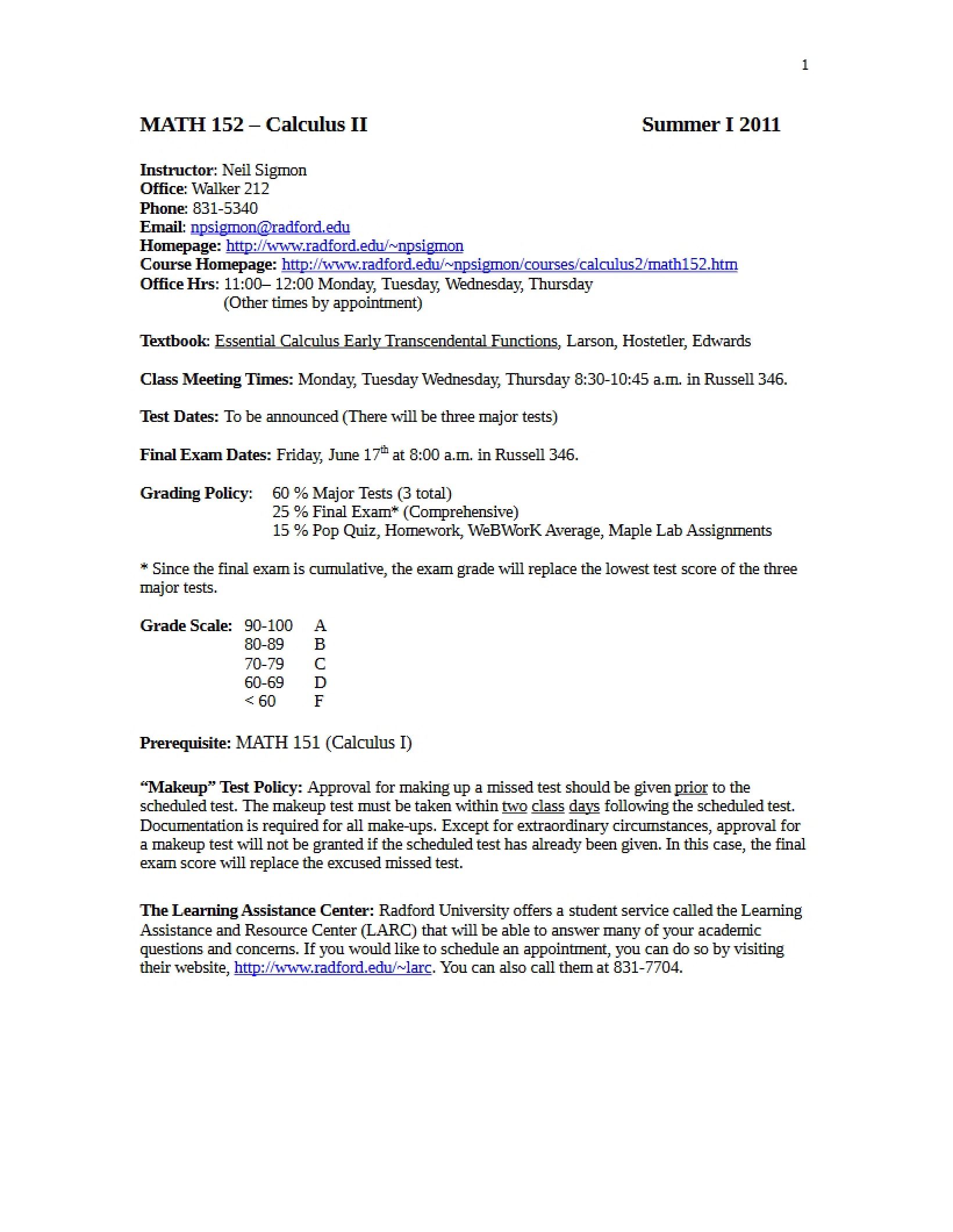 Course Syllabus - MATH 152
