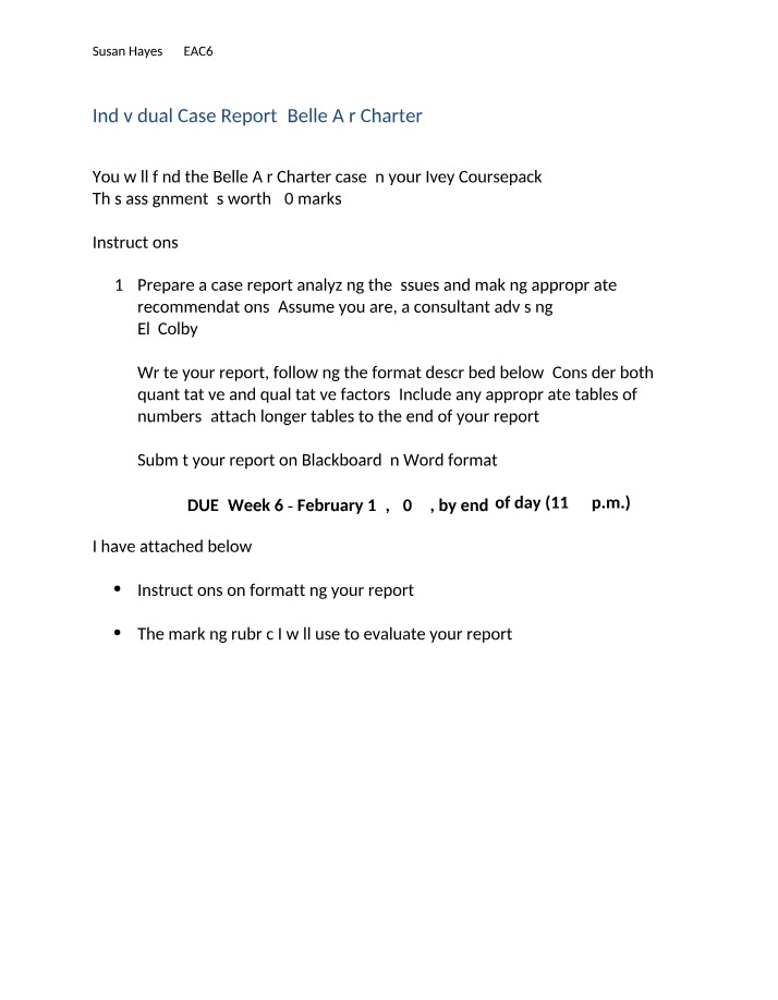Marking Rubric and Individual Case Report for Belle Air Charter