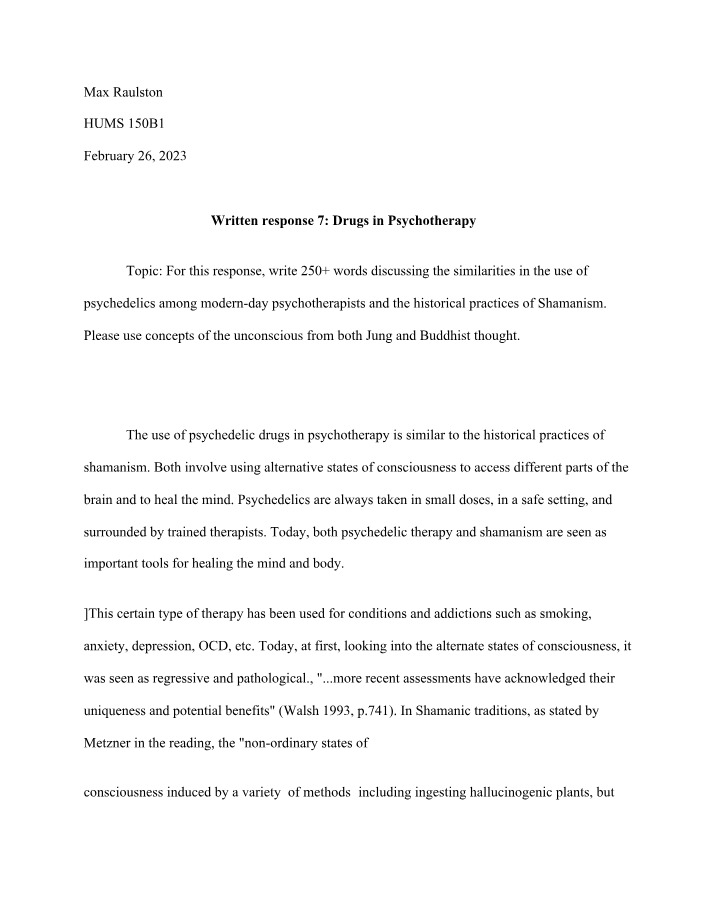 Written Response 7 on Drugs in Psychotherapy