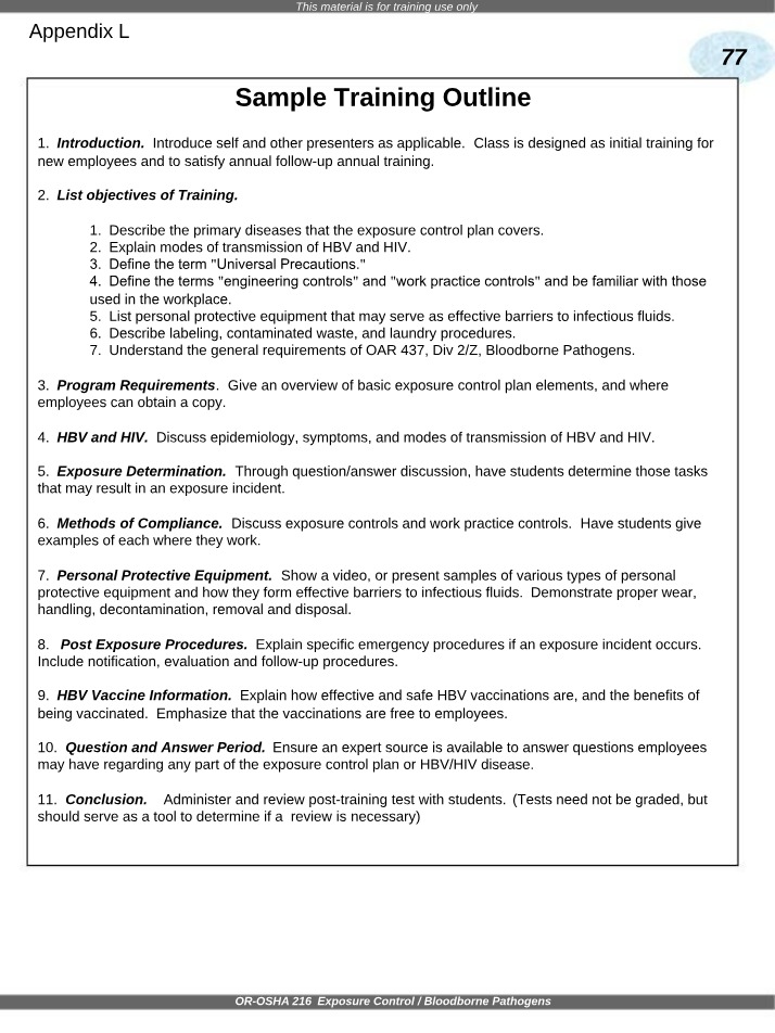 Sample Exposure Control Plan Training Outline and Quiz