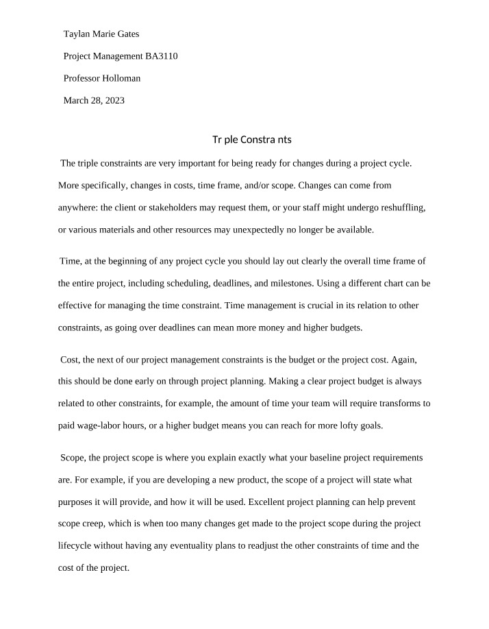 Triple Constraints - Module 3 Assignment
