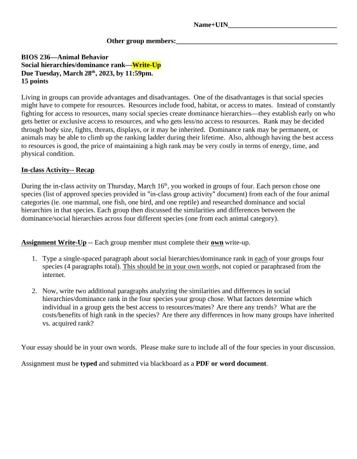 Write-up Assignment for Dominance Rank and Social Hierarchies