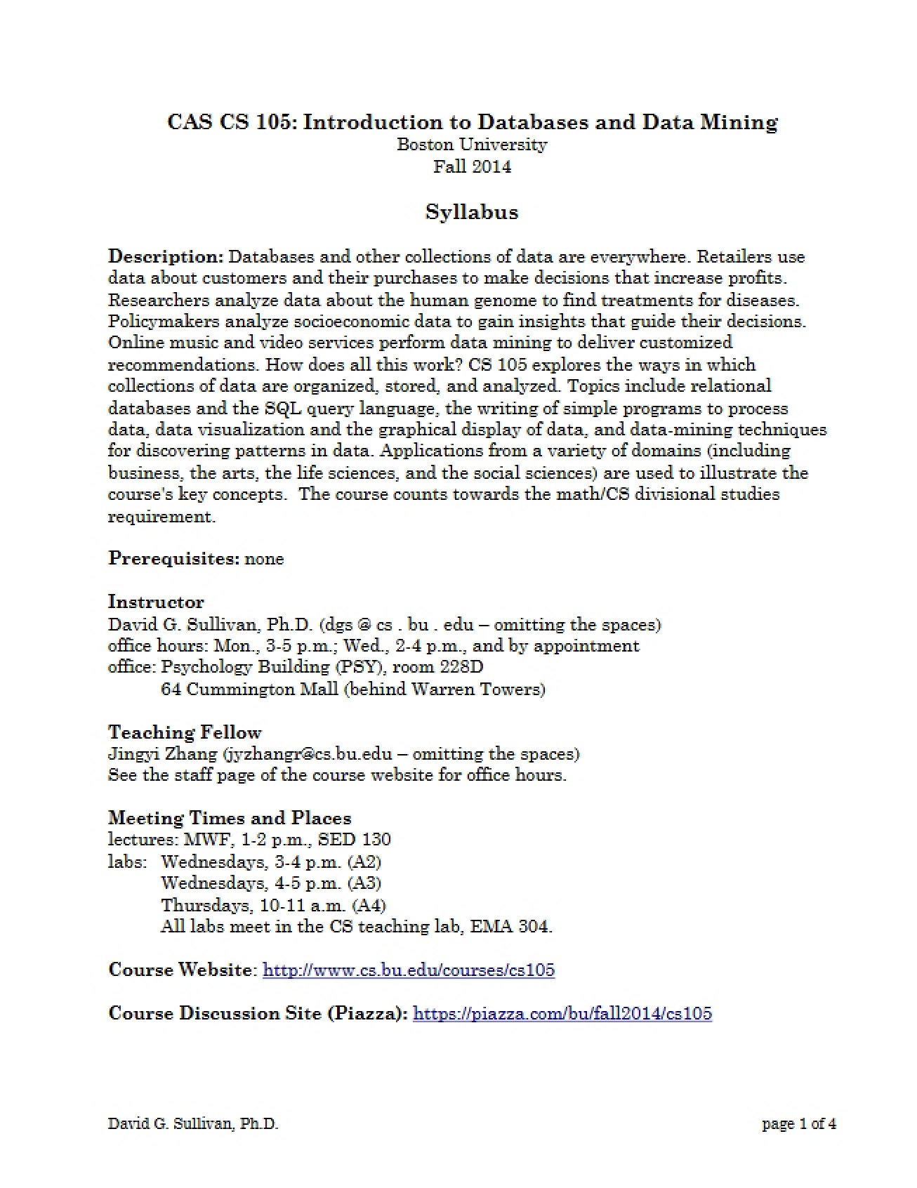Syllabus for the CS 105 Databases Course