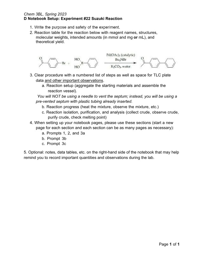 Suzuki Reaction Procedure and Experiment Setup
