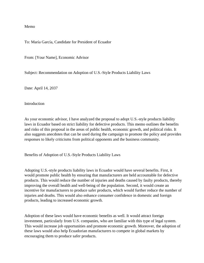 Writing Assignment for Products Liability