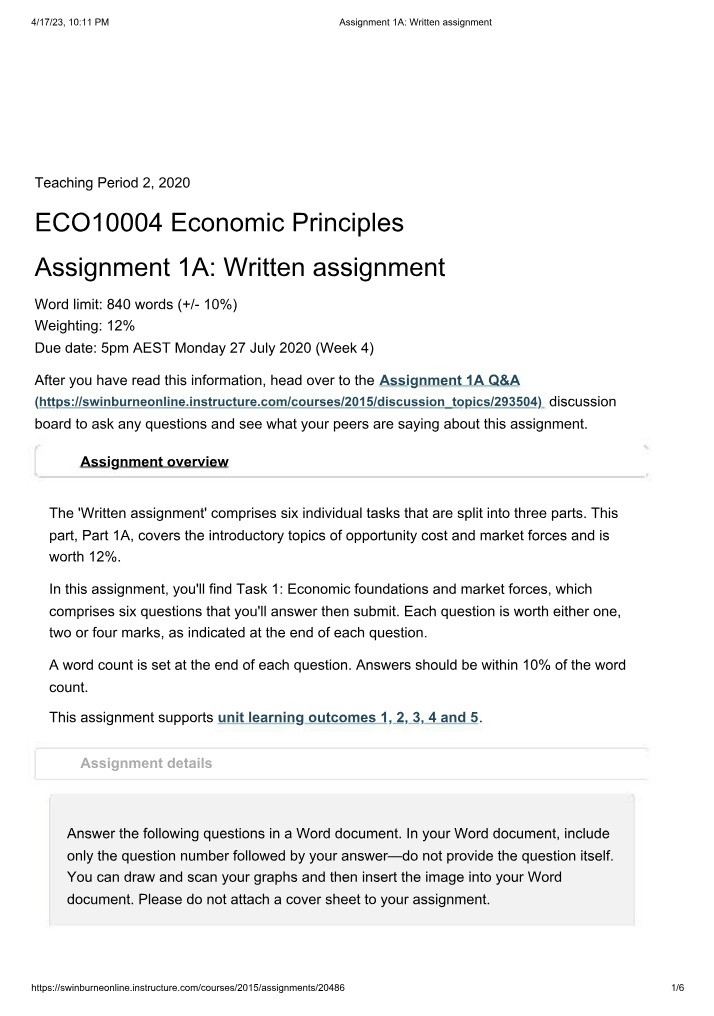 Opportunity Cost and Market - Assignment 1A