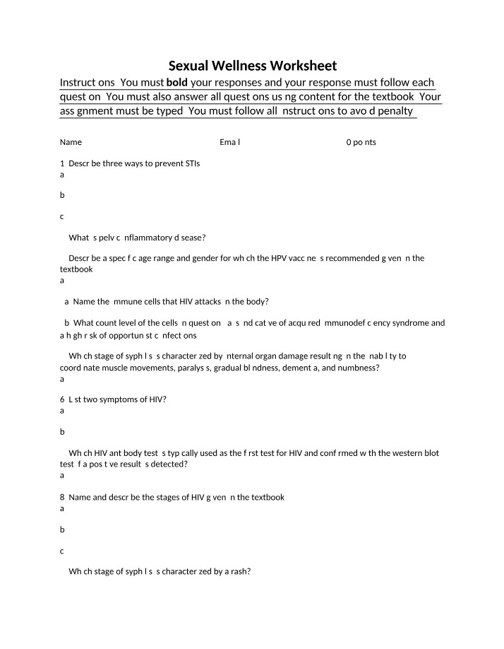 Worksheet on Sexual Wellness