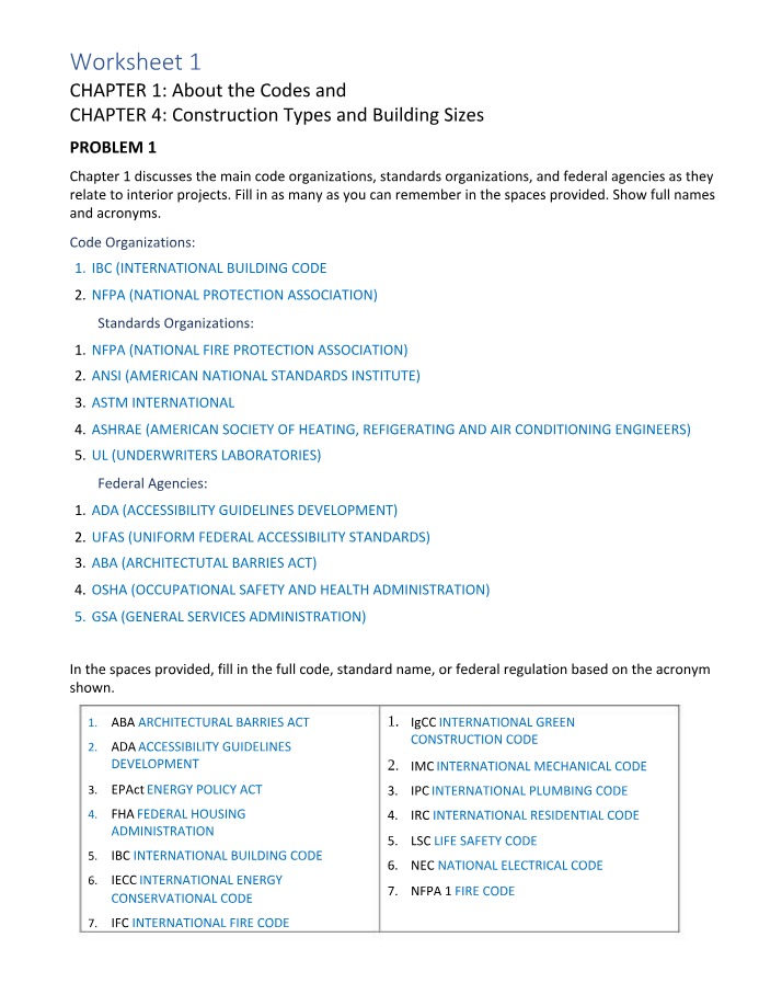 Worksheet - Codes and Construction Types