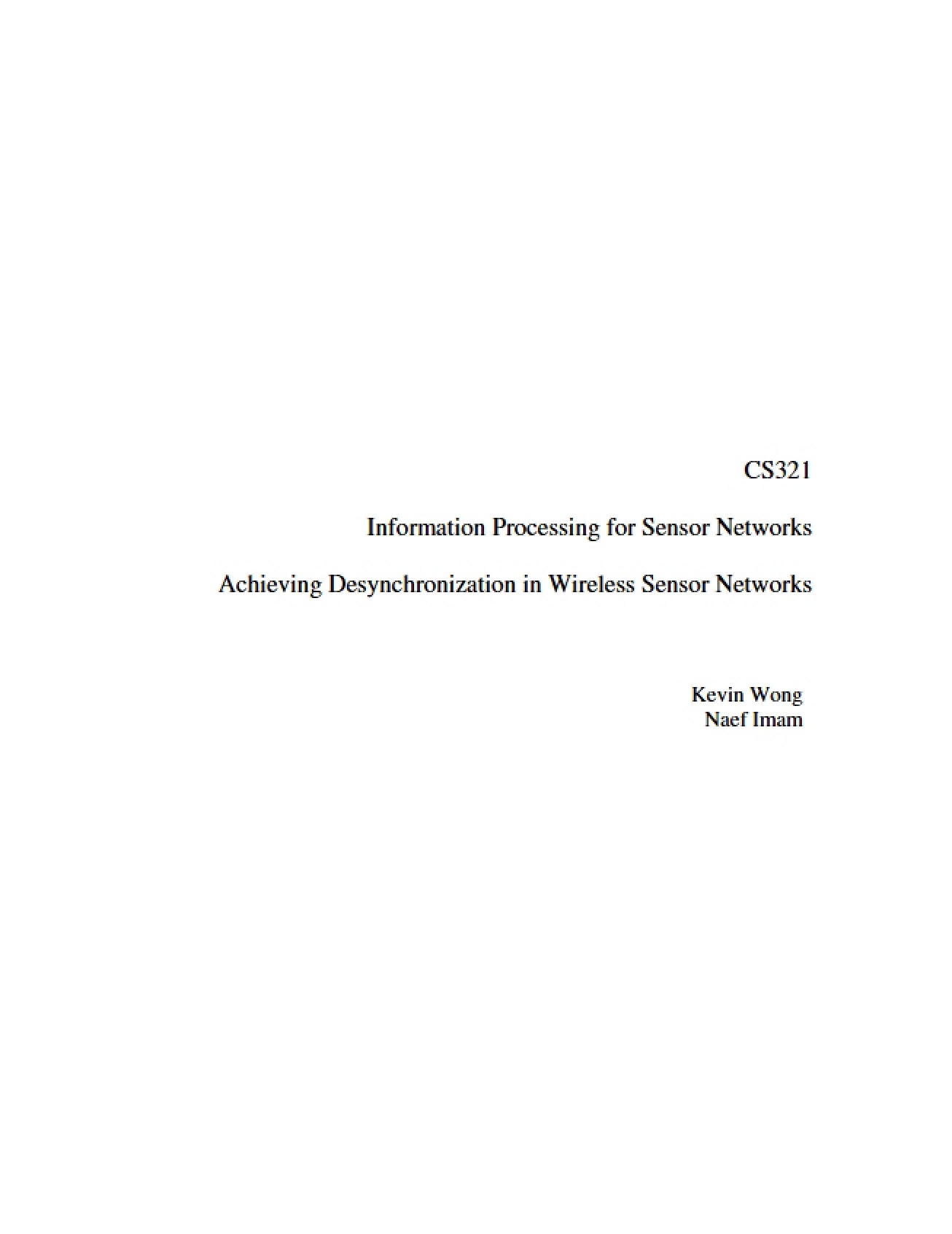 Information Processing for Sensor Networks Lecture Notes