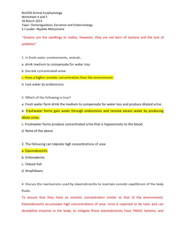 Worksheet 4 and 5 - Osmoregulation, Excretion, and Endocrinology