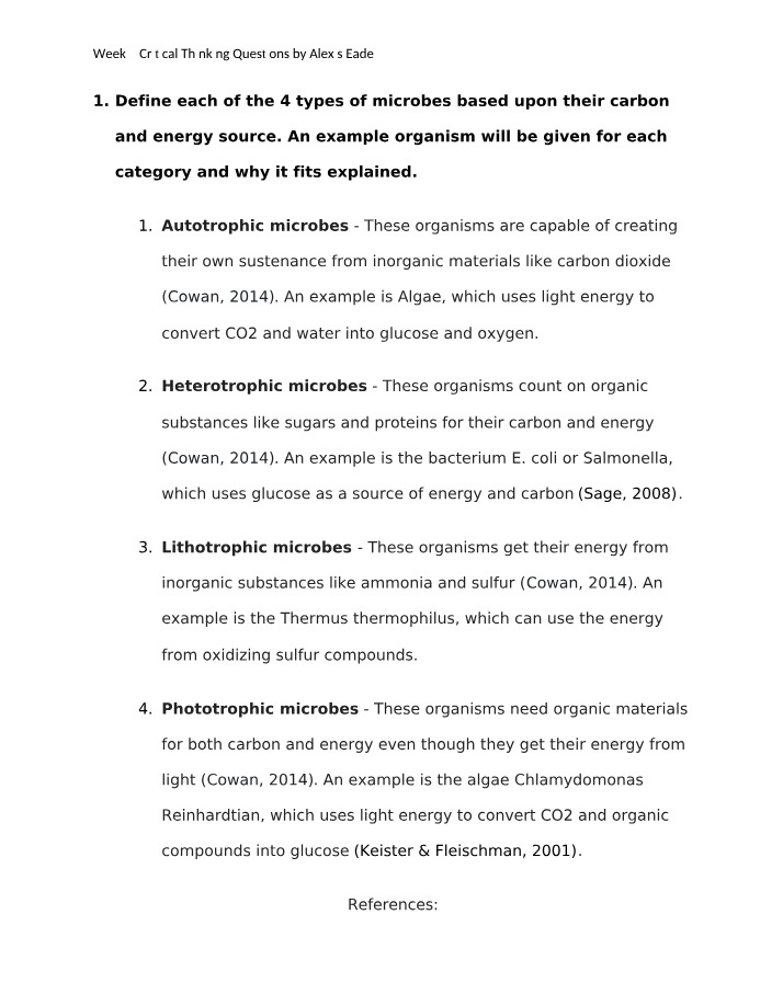 Microbes' Carbon and Energy - Week 3 Critical Thinking Questions