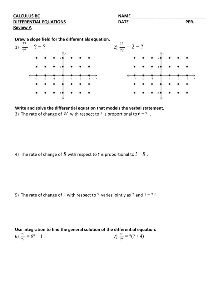 Differential Equations Review A - Calculus BC