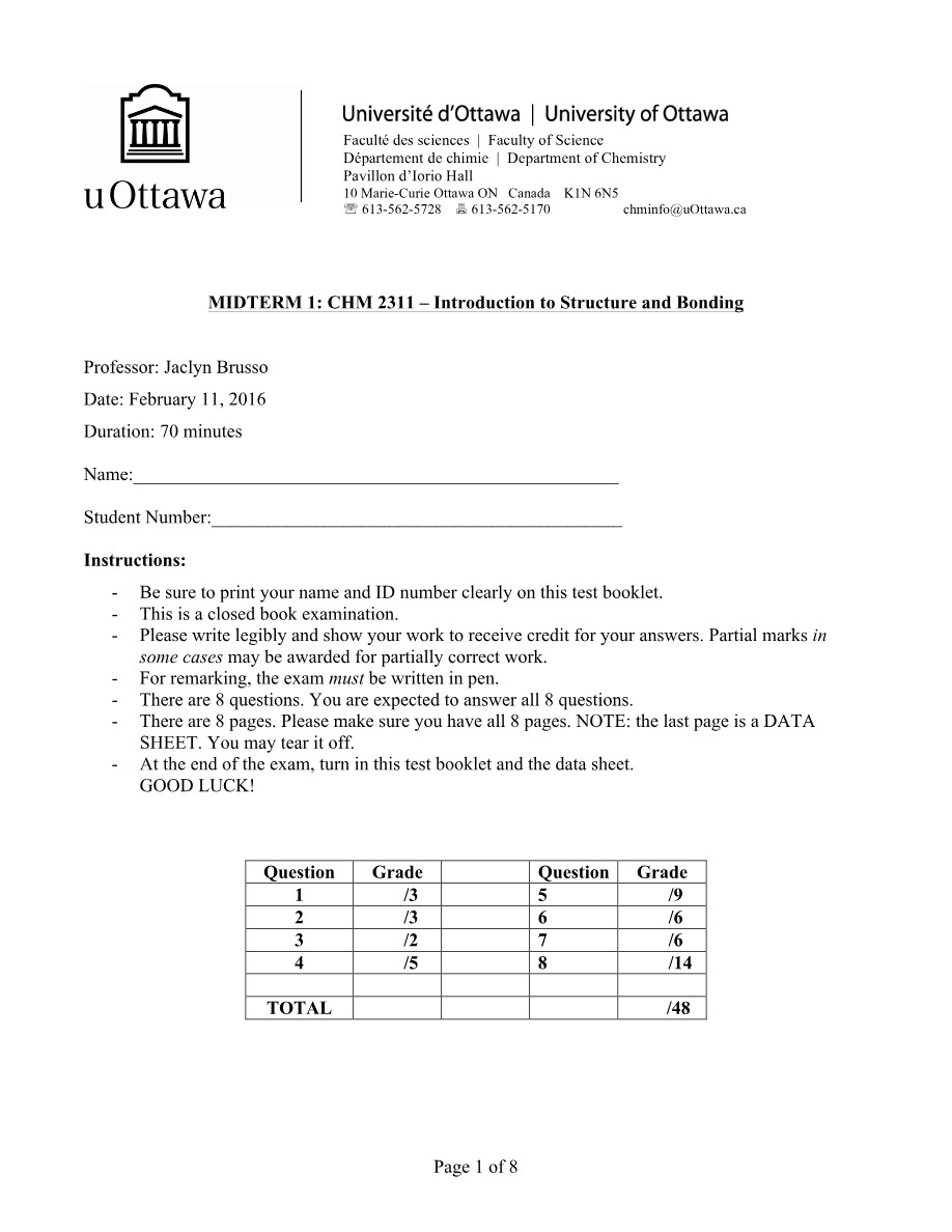CHM2311 Midterm 1 Set D