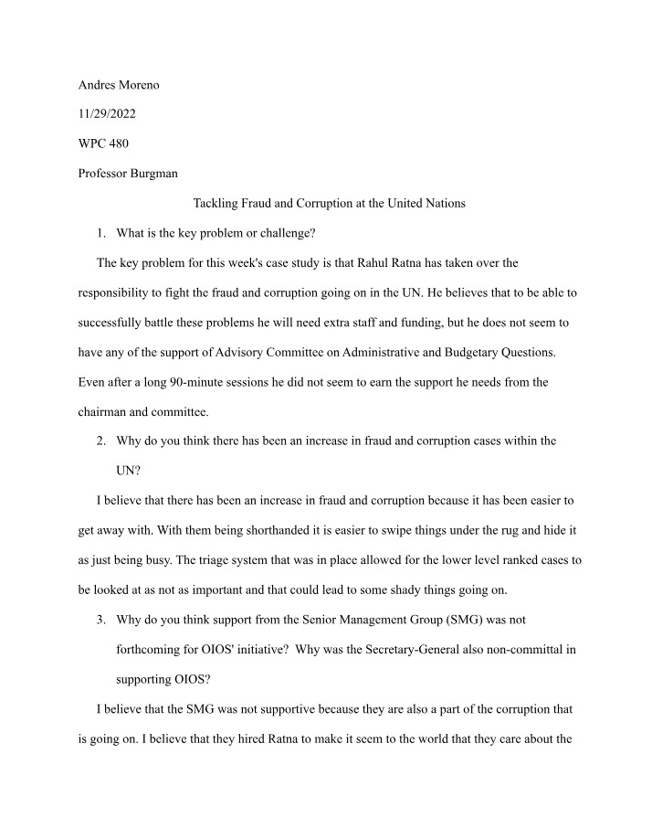 United Nations Case Study Analysis - Tackling Fraud and Corruption
