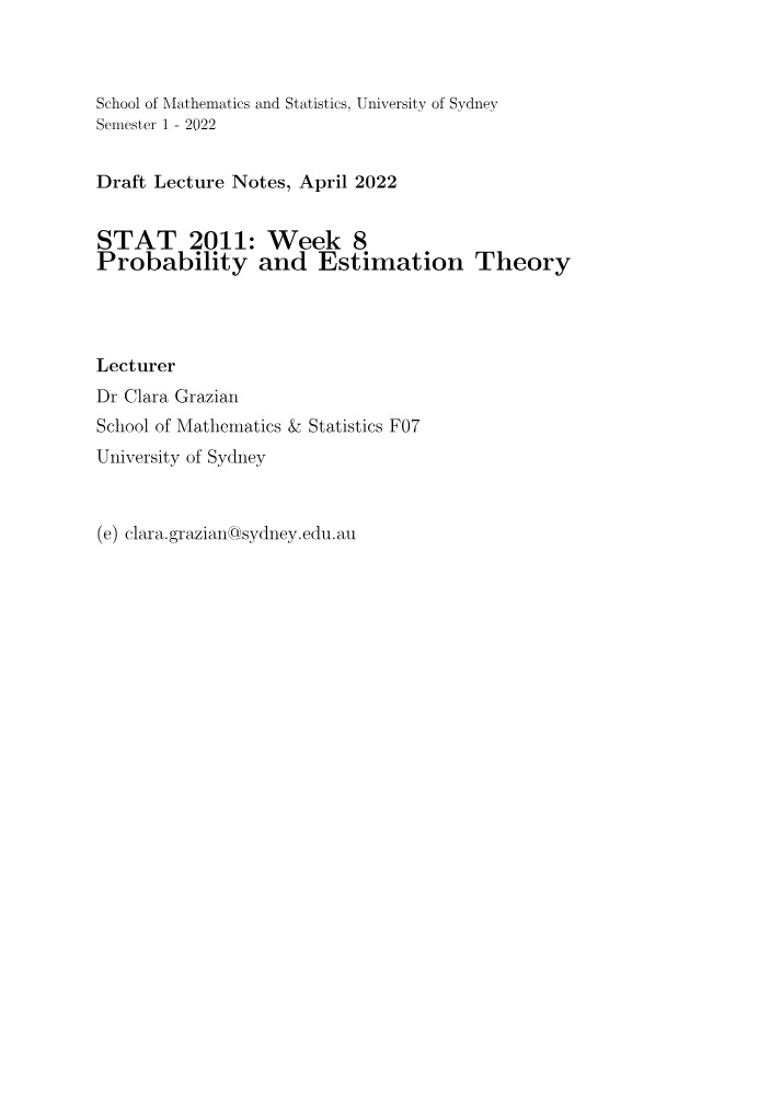 Week 8 Lecture Notes - Probability and Estimation Theory