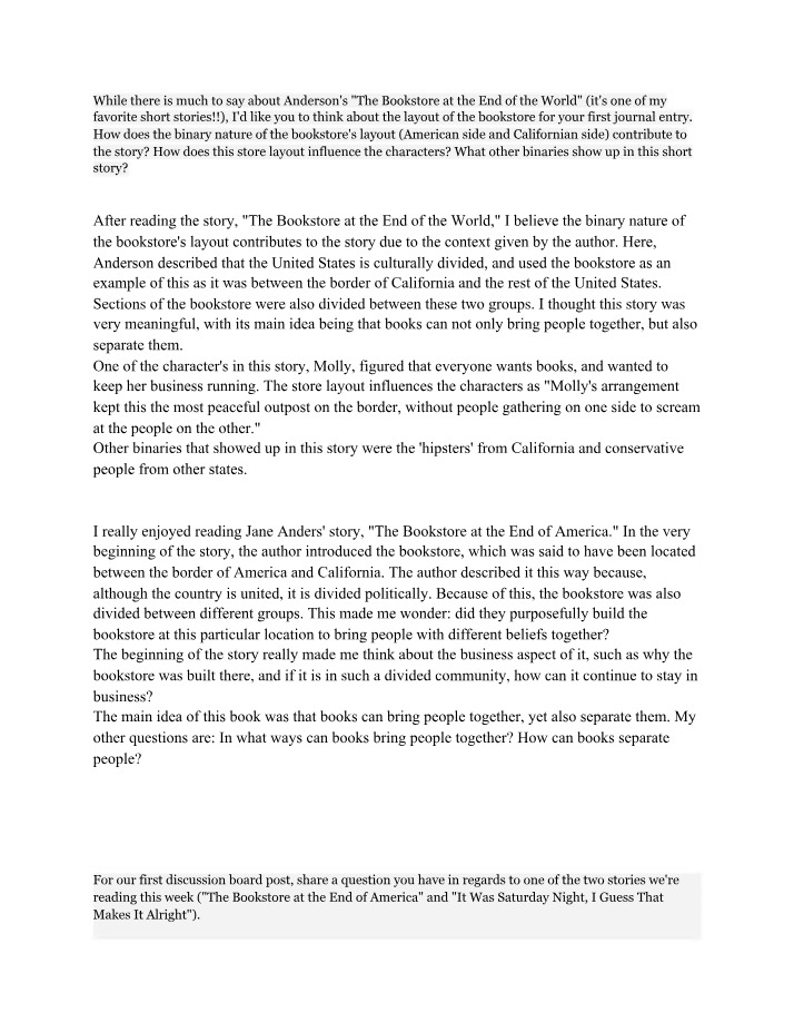 Discussion Post - The Bookstore at the End of the World
