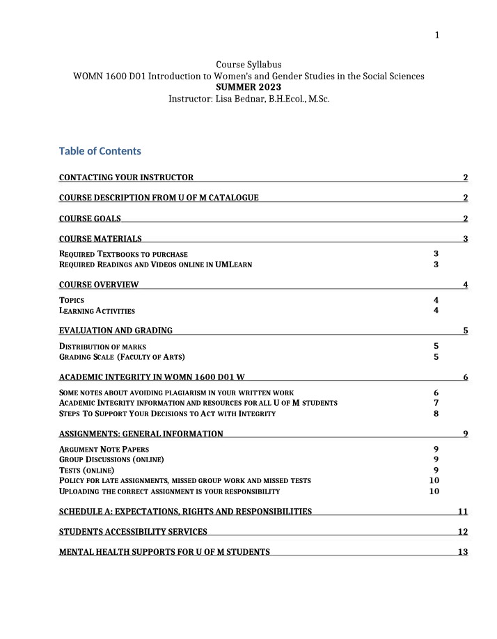 WOMN 1600 Syllabus - Summer 2023