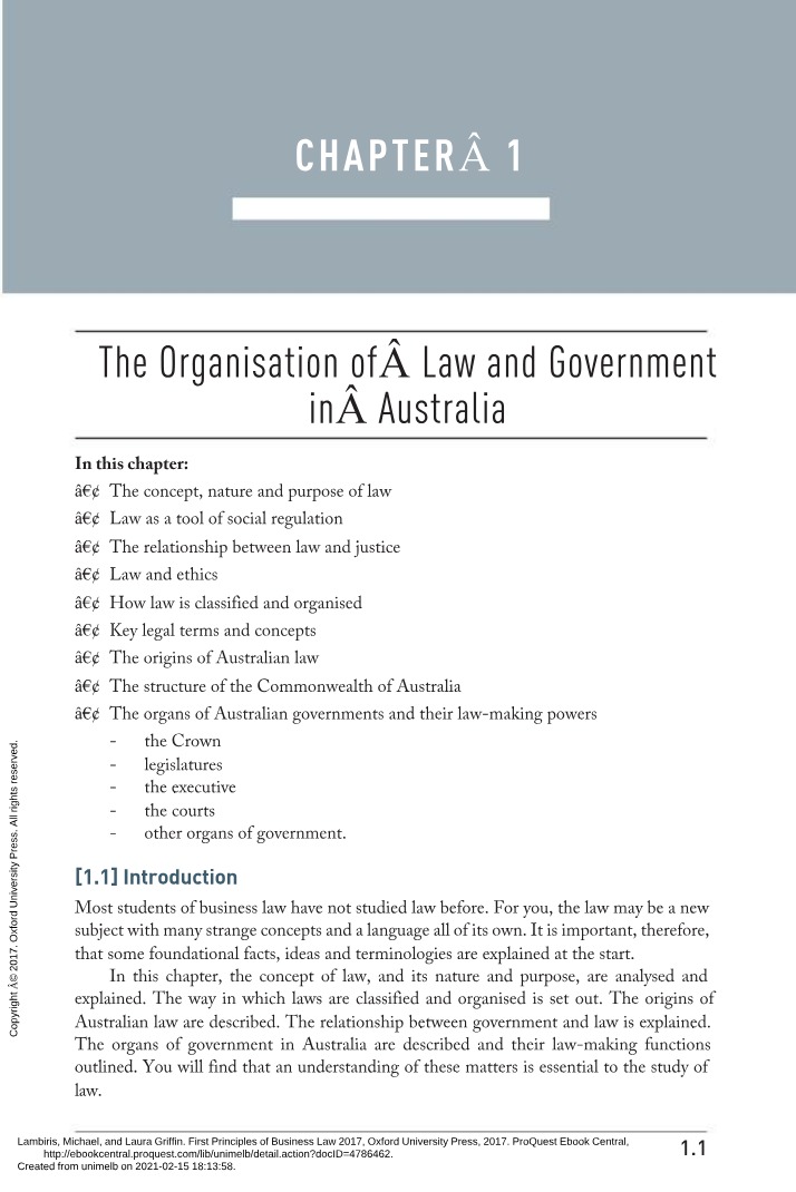 Organisation of Law and Government in Australia