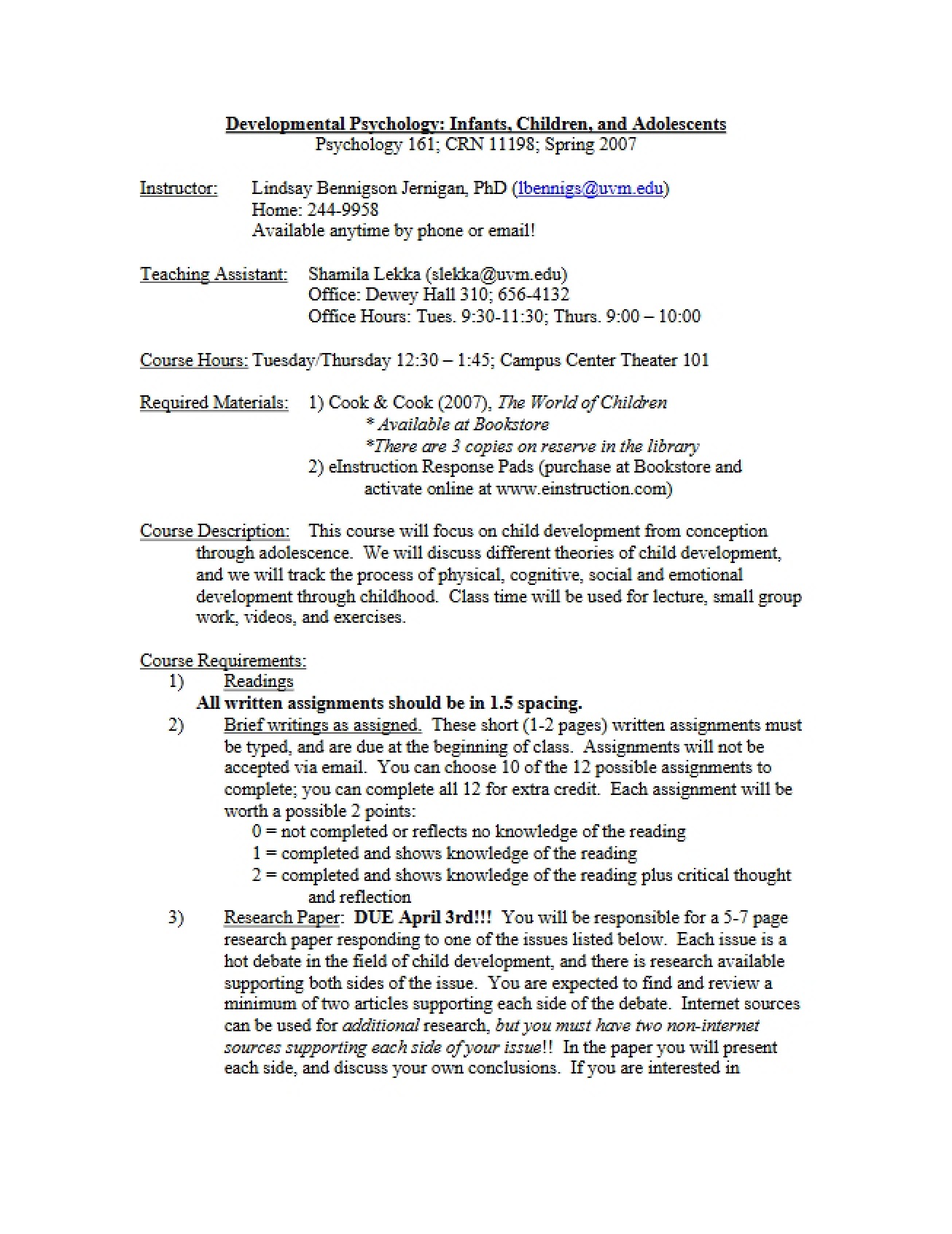 Syllabus for Child Development
