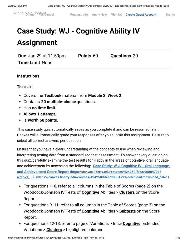 Case Study Assignment for WJ Cognitive Ability IV