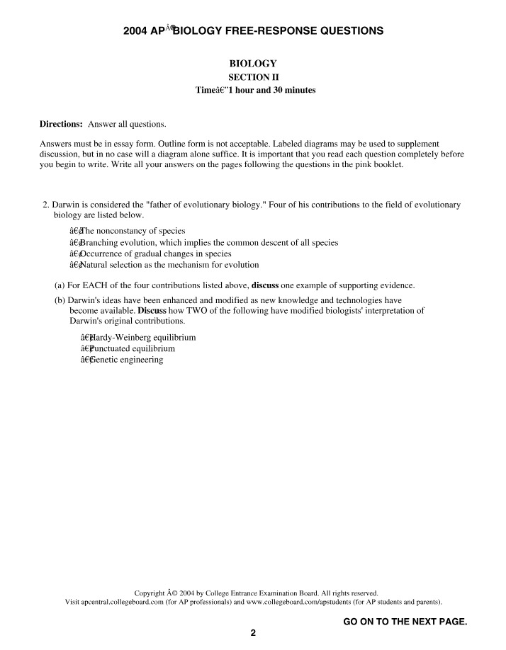 Free-Response Questions for 2004 AP Biology