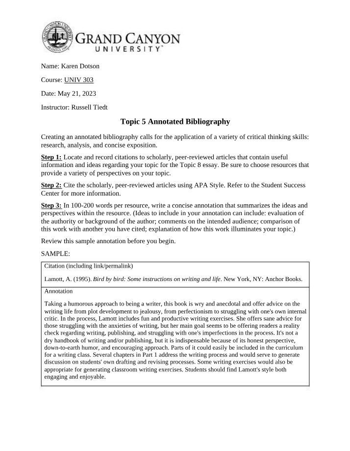 Annotated Bibliography for UNV 303