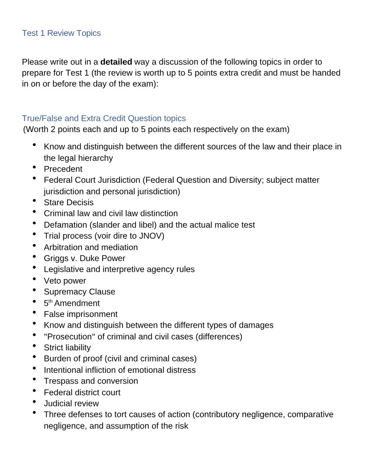 Master Test 1 Topics - Defamation, Trial Process, and Law Sources